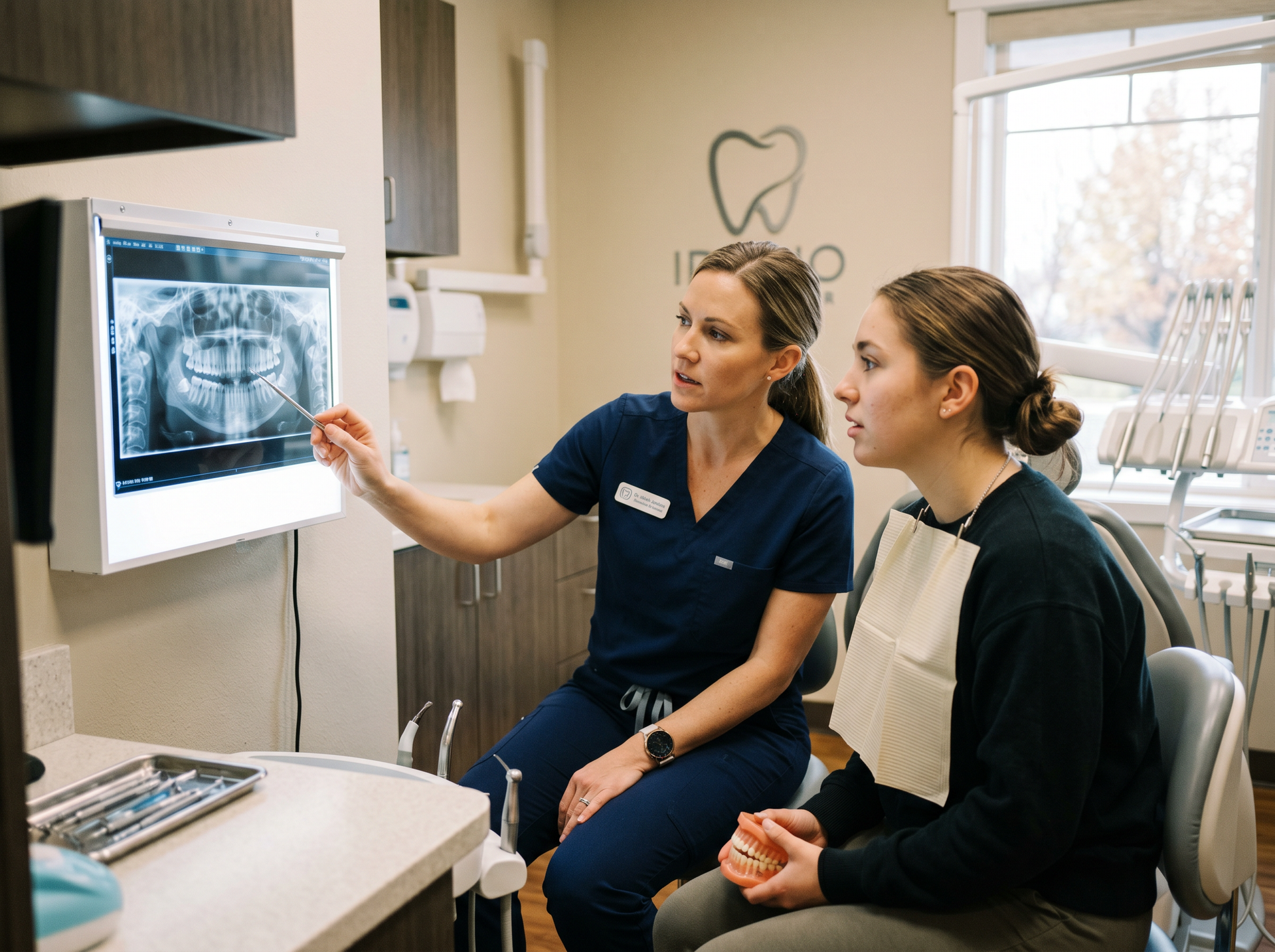 Dentist examining a patient in a bright clinic, with a dental monitor nearby
