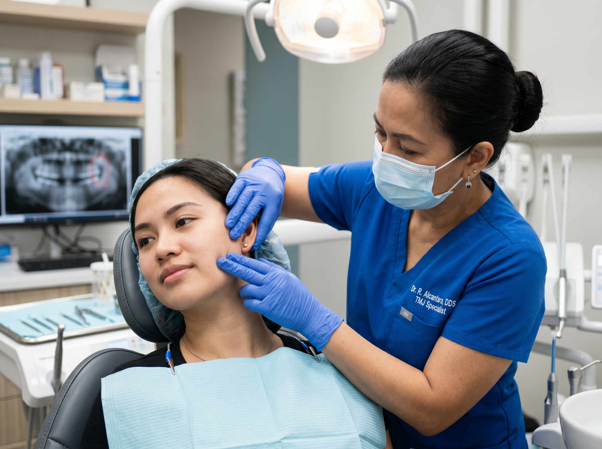 Dentist examining a patient’s jaw in a dental chair, with X-ray visible in the background.
