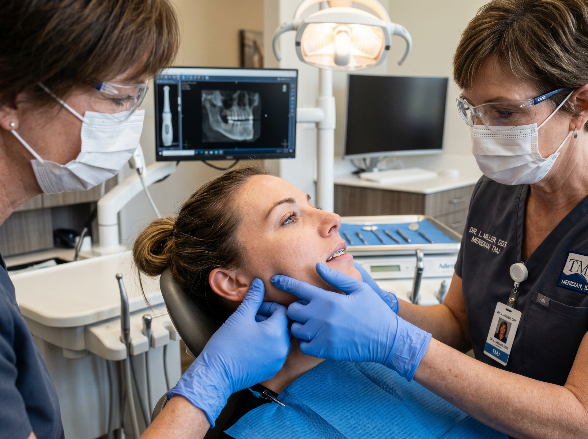 Dentist and assistant examining a seated patient in a dental clinic