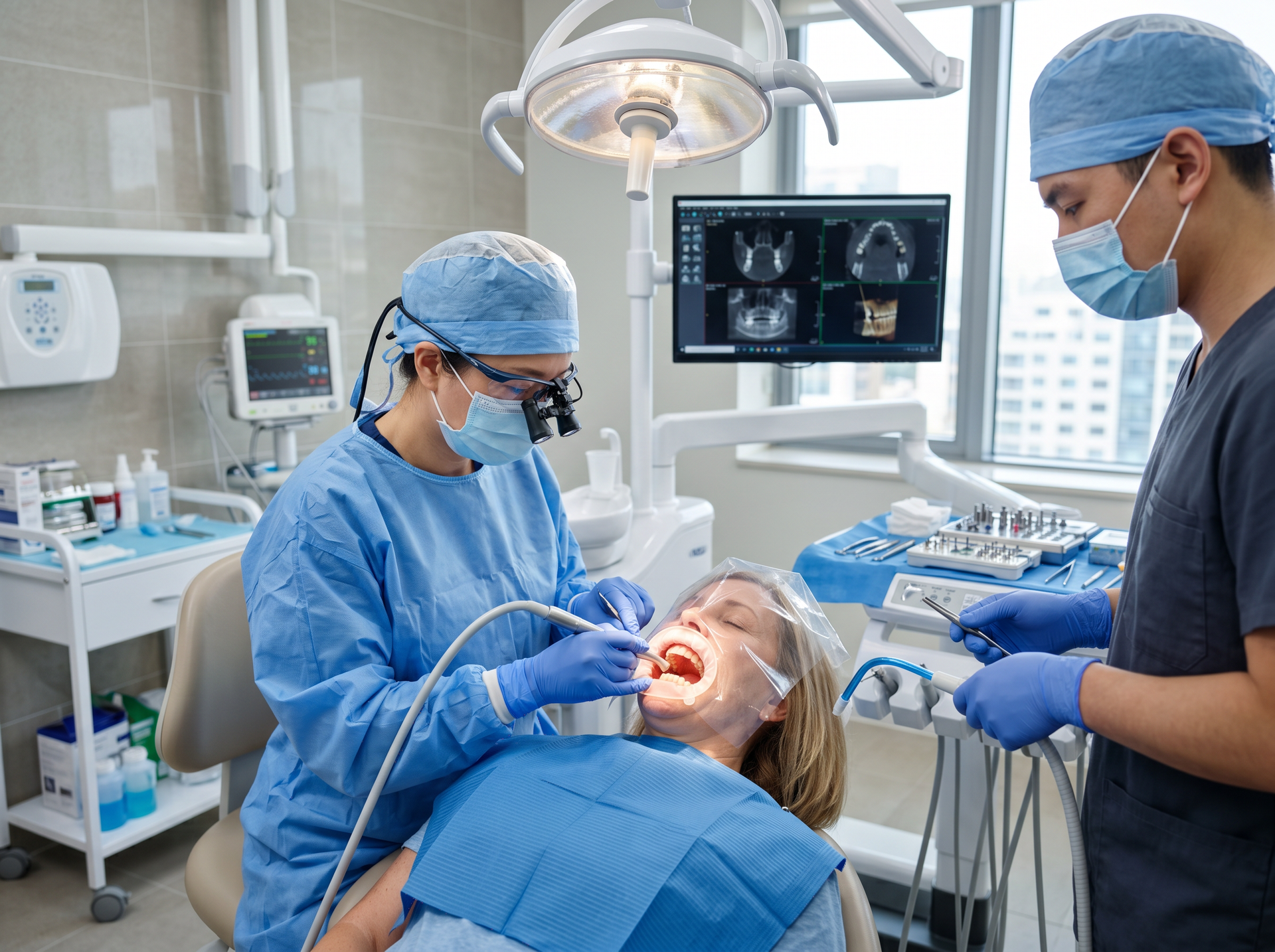 Dentist treating a patient in a modern clinic, with assistant and X-ray screen nearby.