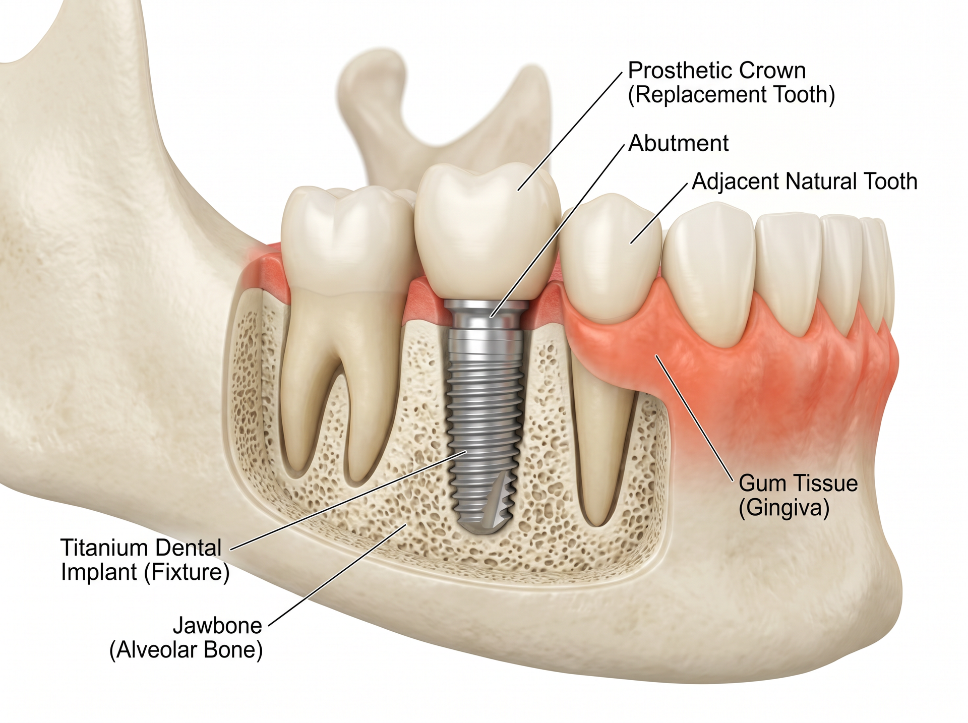 3D dental implant diagram showing a titanium implant supporting a prosthetic crown in the jawbone