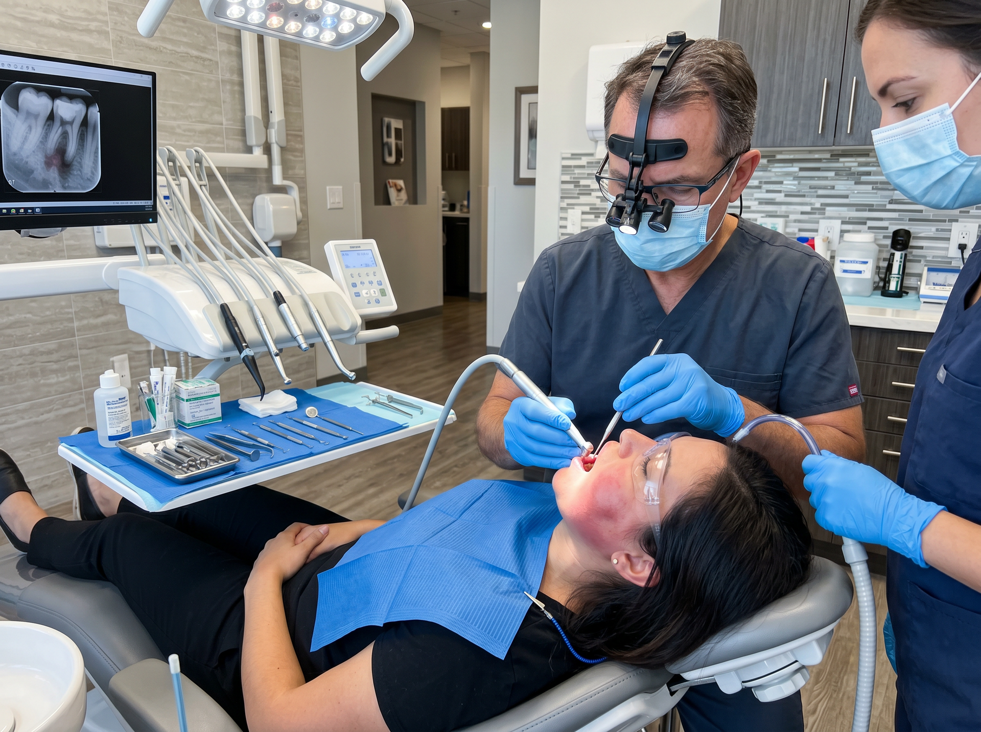 Dentist treating a patient in a dental clinic with tools and monitor displayed nearby