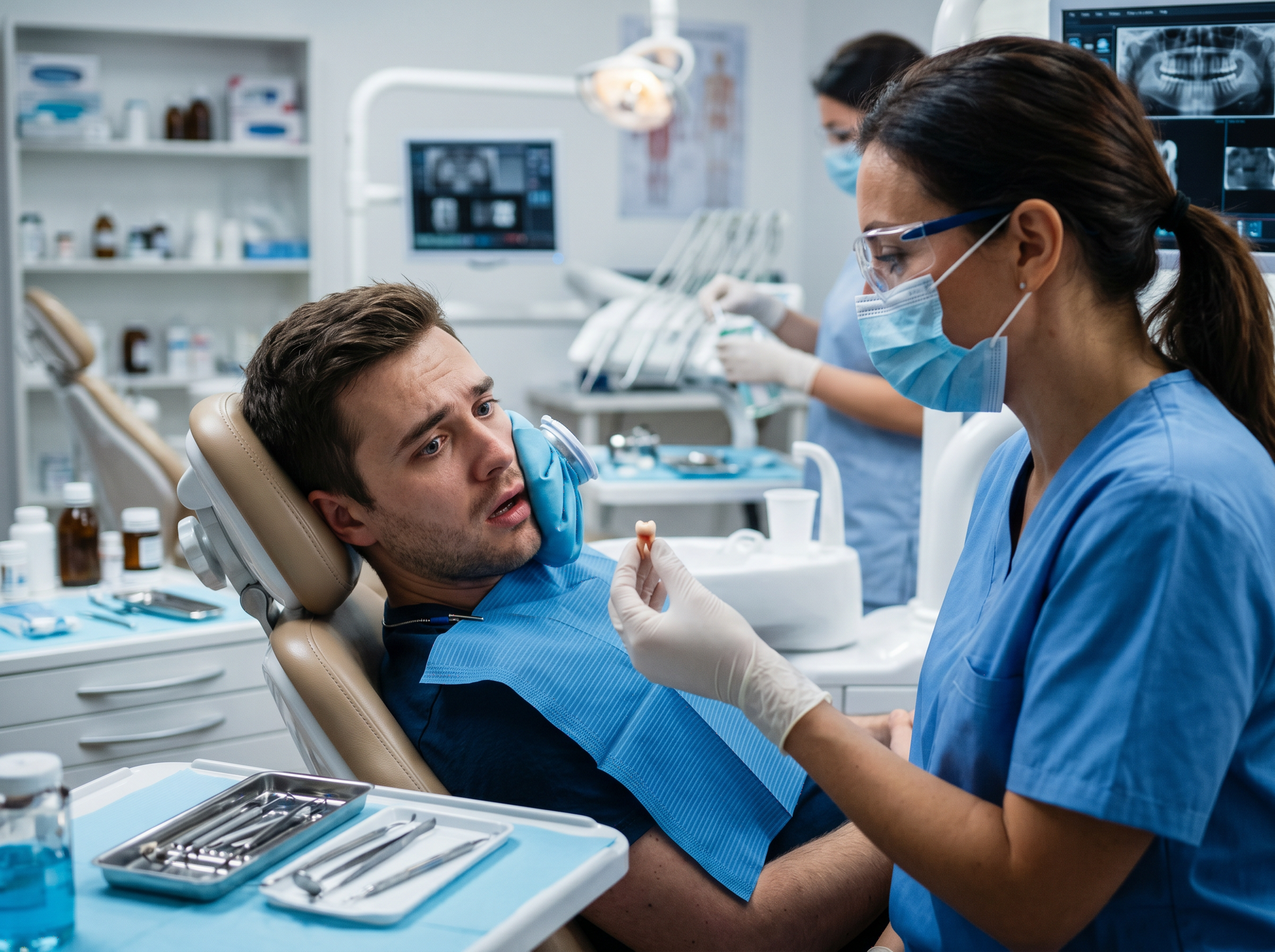 Dentist examining a patient in a dental chair, with a masked hygienist holding a dental tool nearby