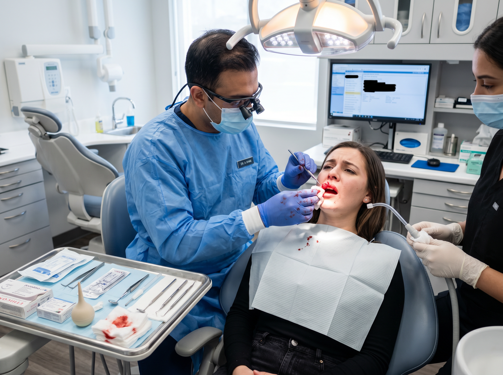 Dentist treating a patient in a dental office while an assistant stands nearby