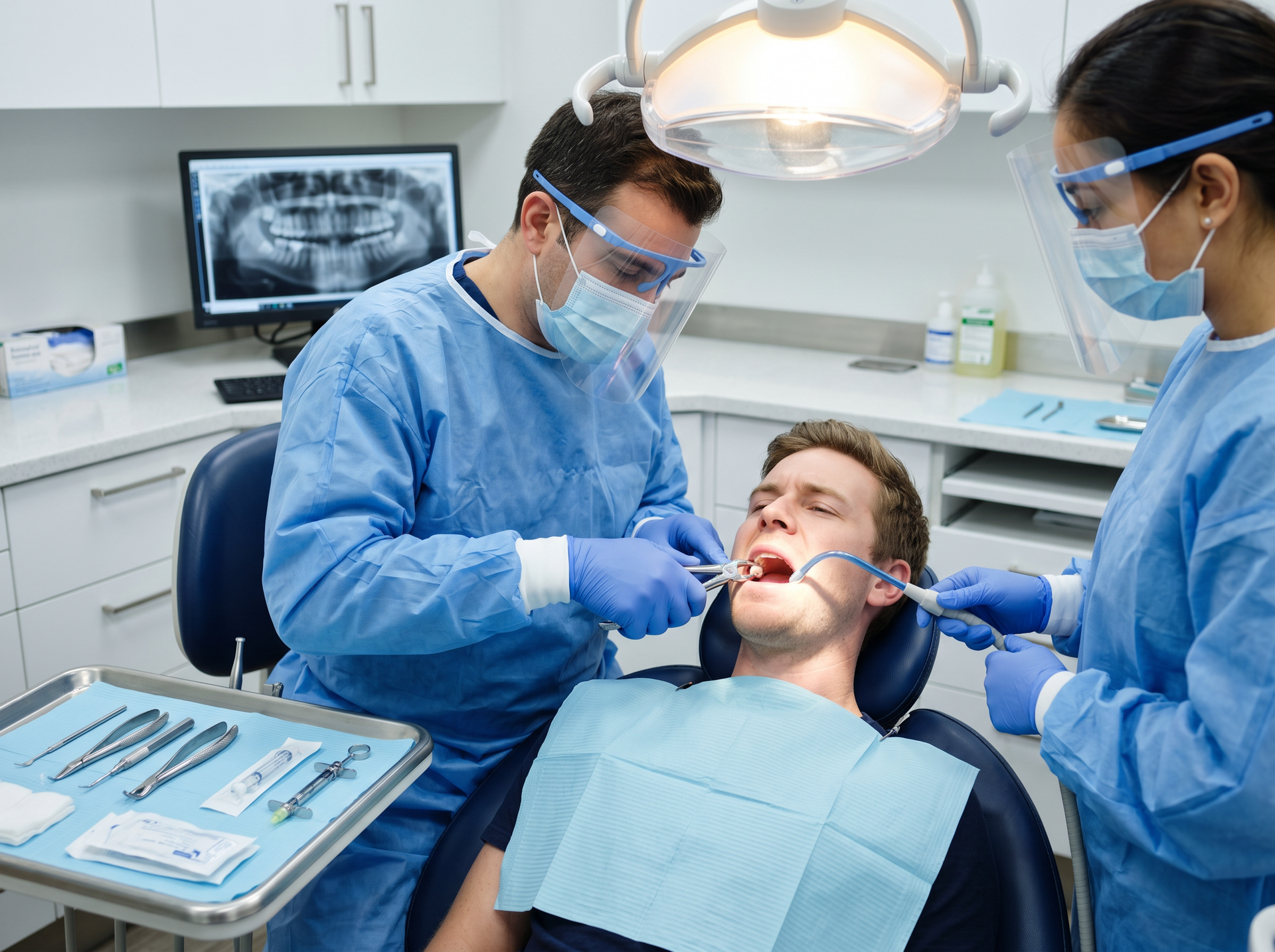 Dentist and assistant treating a patient in a dental clinic, with X-ray visible in the background
