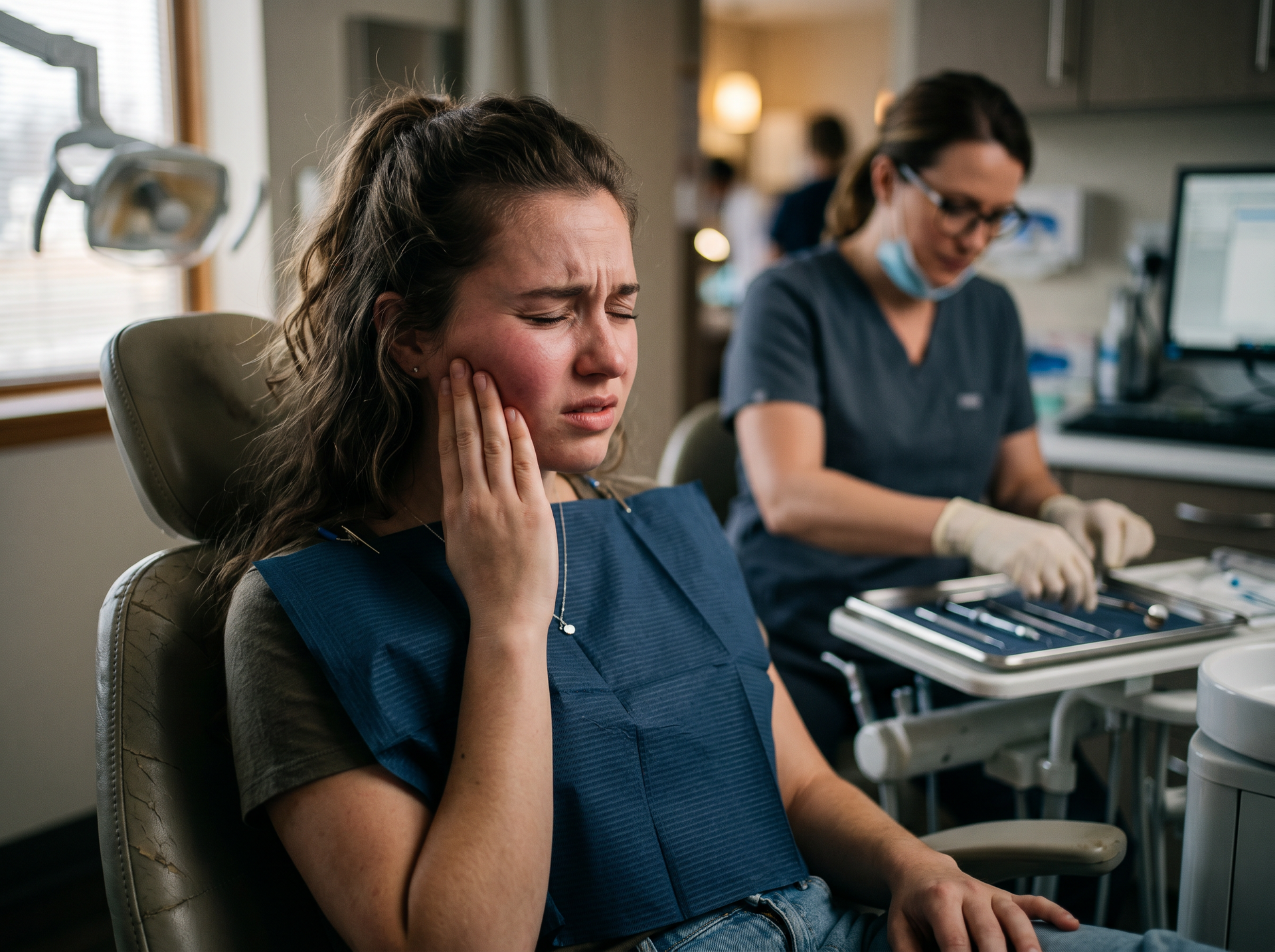 Patient holding her cheek in a dental chair while a clinician stands nearby with tools