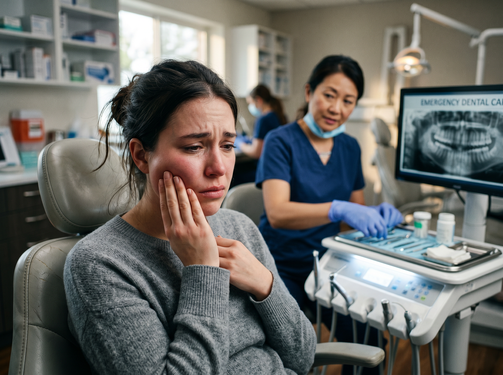 Patient holding cheek in a dental clinic while a dentist works beside a monitor showing X-rays