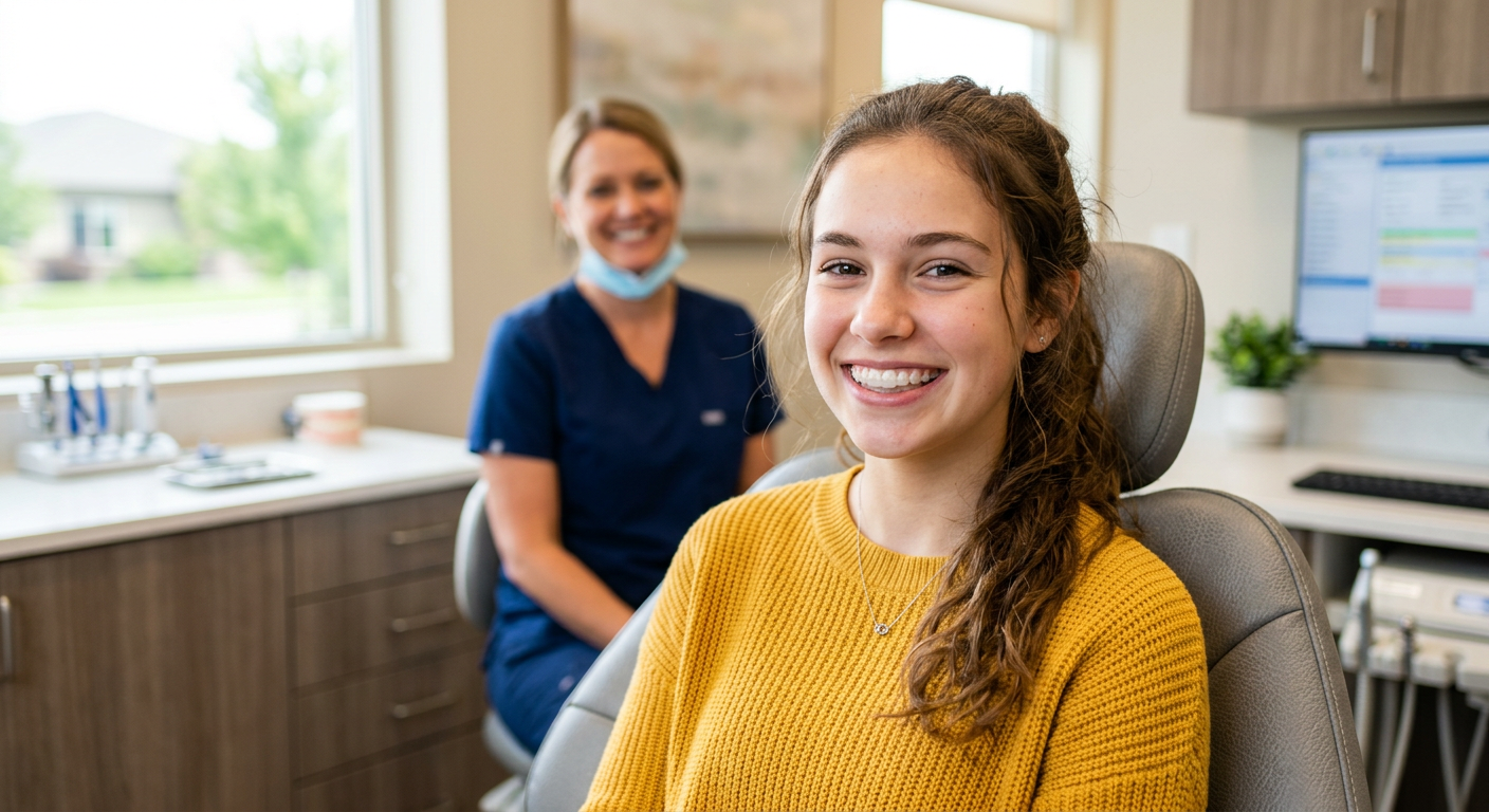 Smiling dental patient in a yellow sweater with a masked dentist in the background of a bright clinic