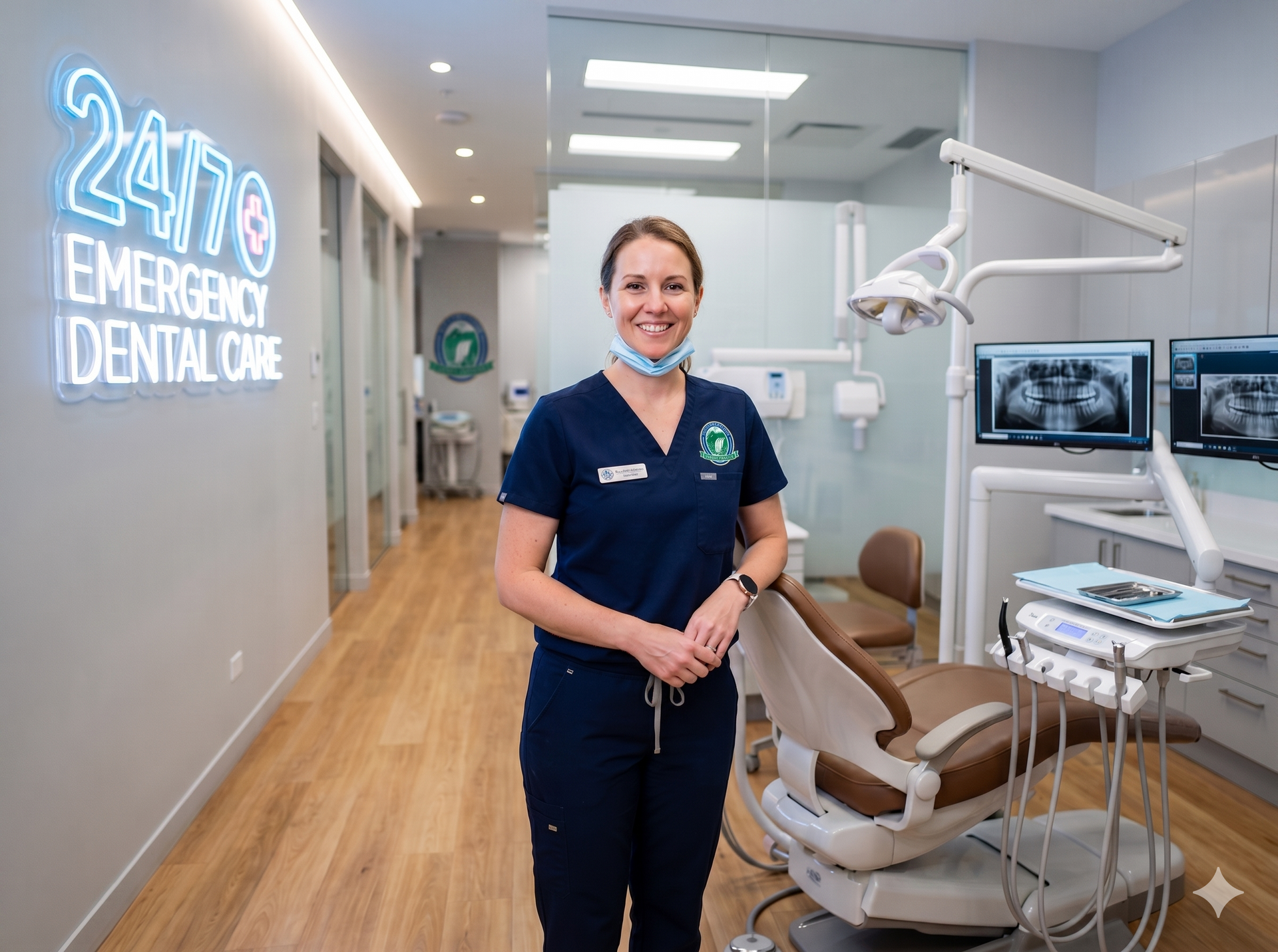 Dental clinic receptionist standing beside a treatment chair in a bright emergency dental office