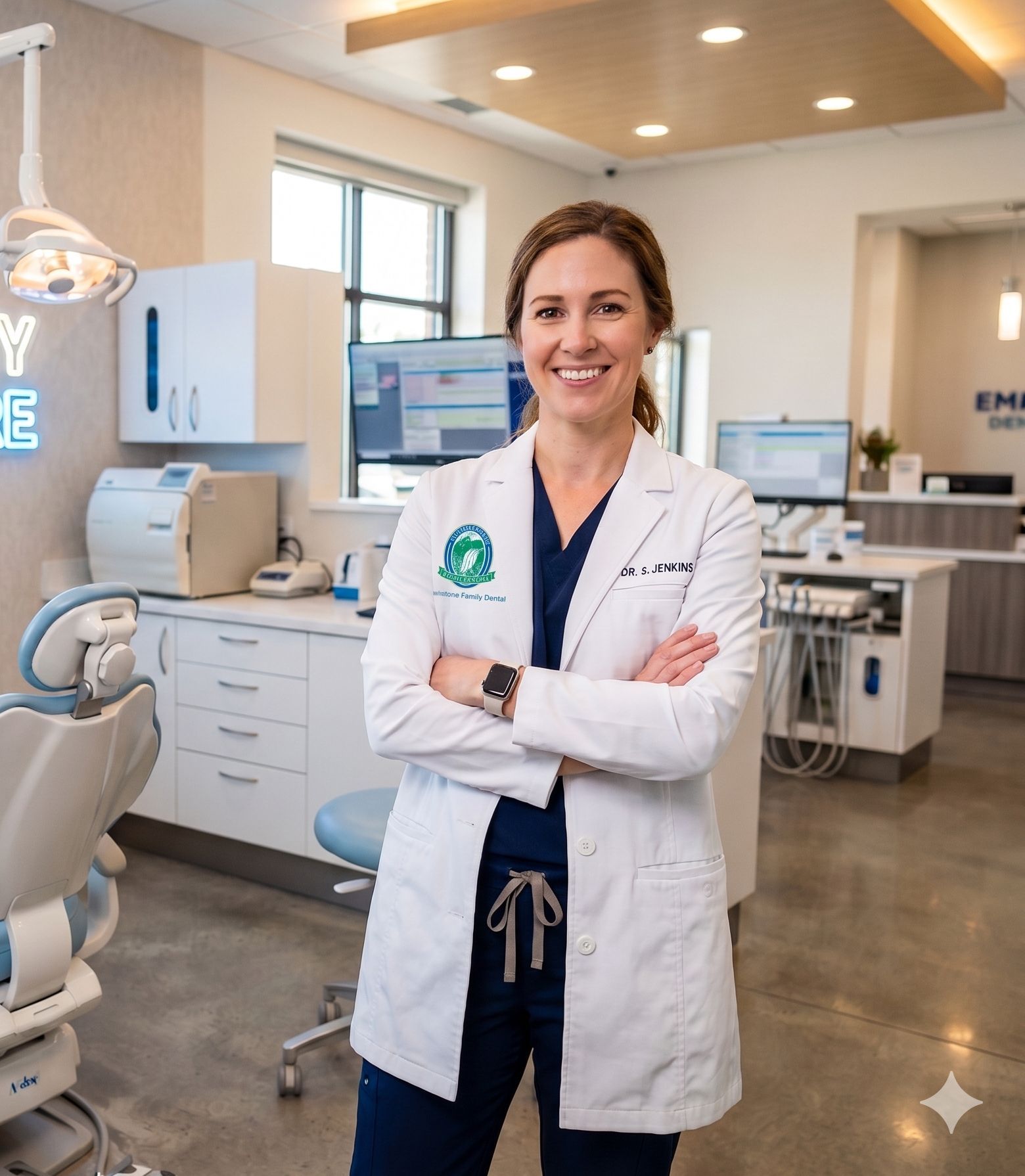 Smiling doctor in white coat standing in a modern dental office