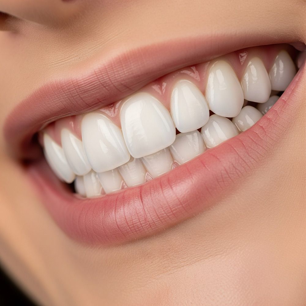 Close-up of a person's smiling mouth showing bright white, even teeth and pink gums.