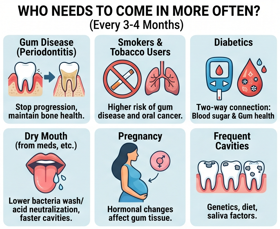 Infographic on dental visits every 3–4 months for gum disease, smoking, diabetes, dry mouth, pregnancy, cavities.