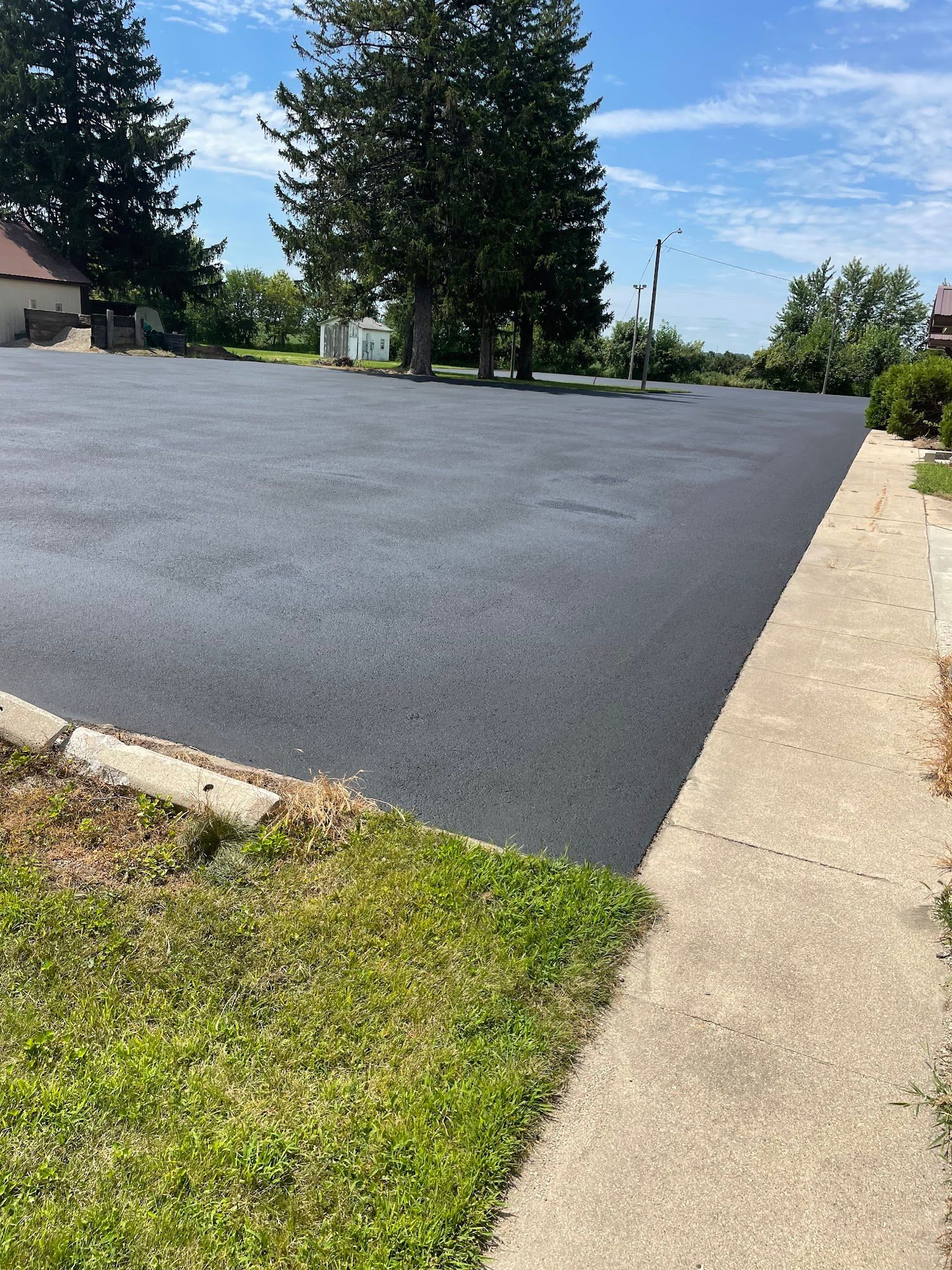 Freshly paved black asphalt lot beside a sidewalk and grass, with tall trees in the background