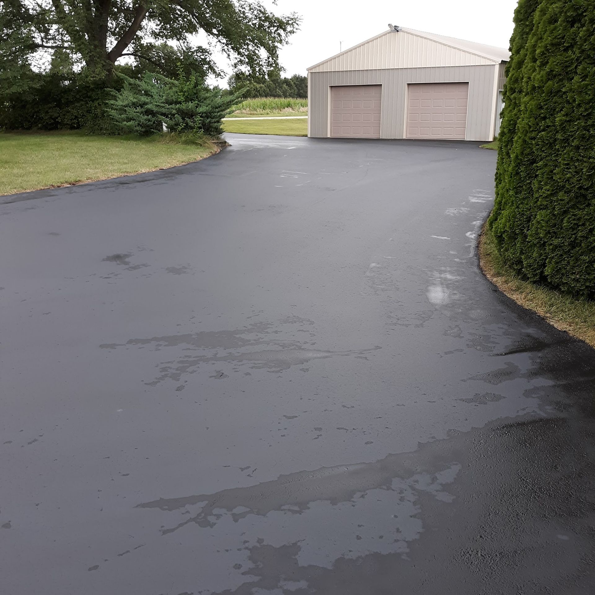 Wide paved driveway leading to a beige two-door garage beside a hedge and trees.