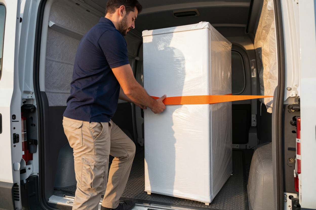 Man securing a white refrigerator with an orange strap inside a van Man securing a white refrigerator with an orange strap inside a van