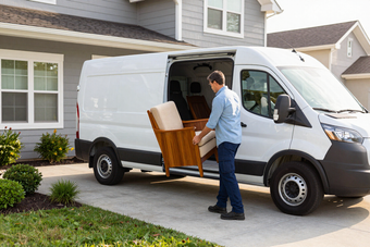 Delivery van unloading a purchased item at a home