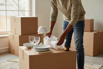 Person packing belongings into moving boxes