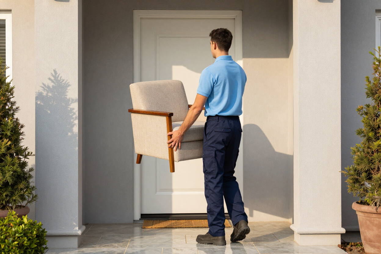 Person carrying a beige chair toward a front door in a sunlit entryway.