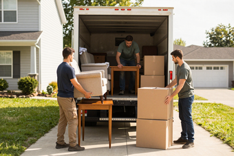 Workers loading furniture into a rental truck