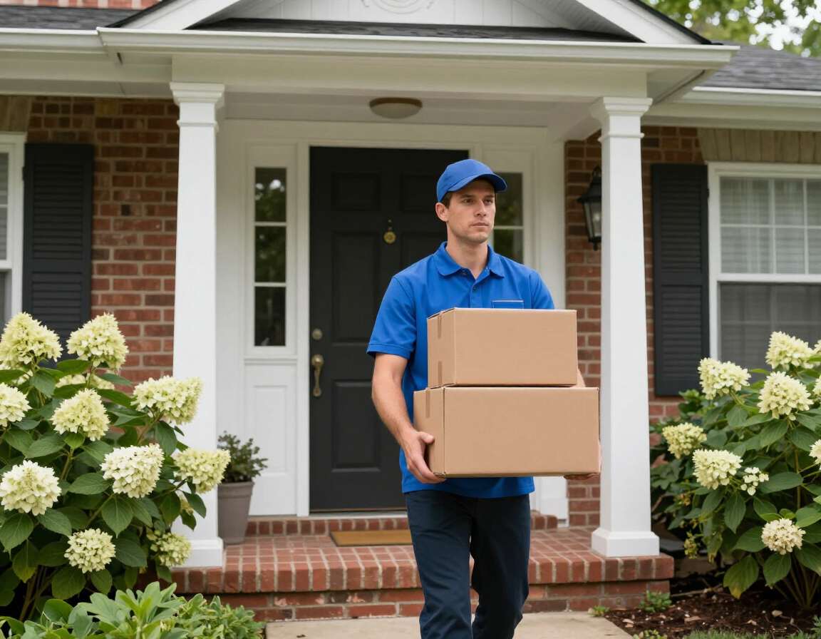 Delivery driver carrying goods to a doorstep