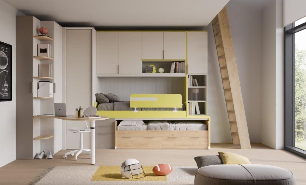 Camera da letto moderna con letto a muro, scrivania e contenitore; 