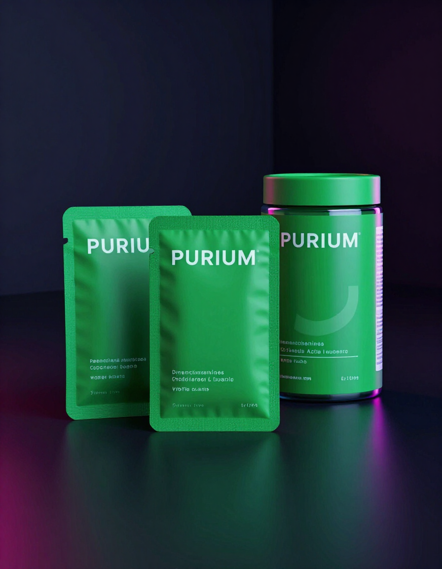 Purium health and wellness products with neon accent lighting