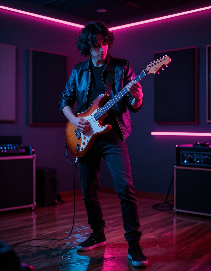 ZEO playing electric guitar in a synthwave-lit studio
