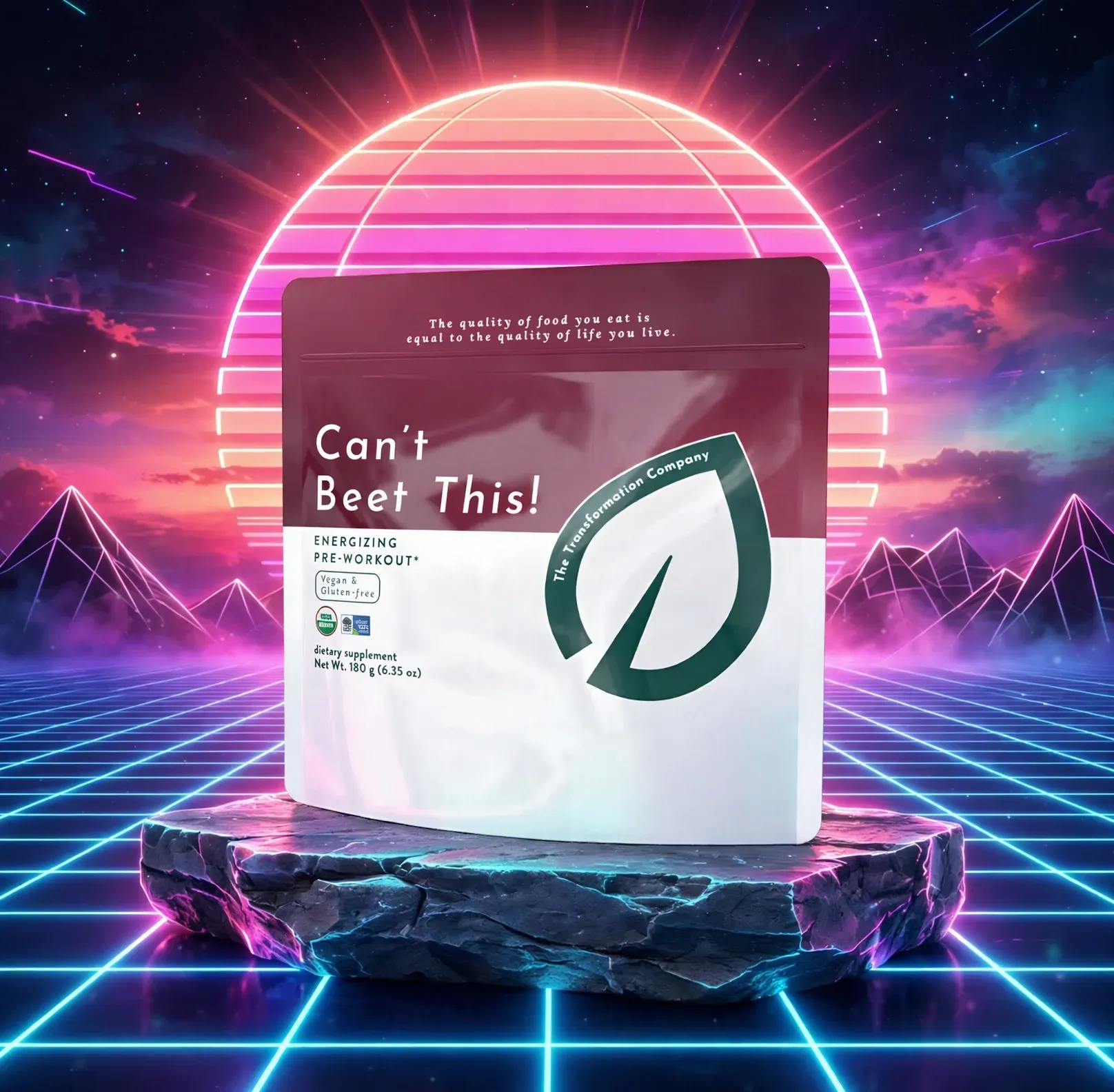 Pink retro sci-fi ad with a pouch labeled “Can’t Beat This!” on a neon grid platform