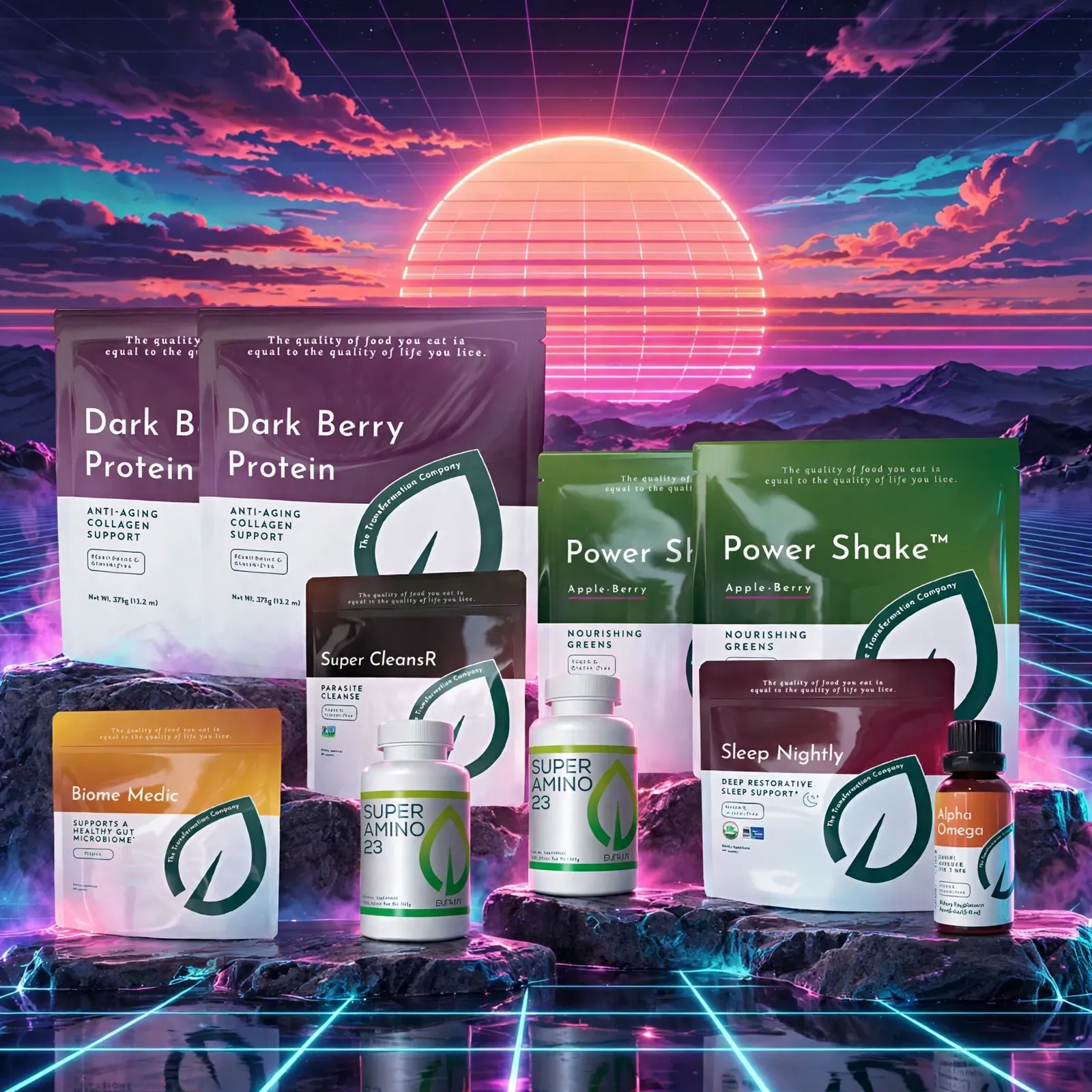 Bright neon product display of protein powders, shakes, and supplements with a retro sunset backdrop
