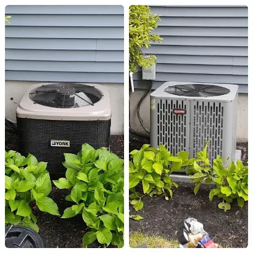 Side-by-side view of a beige and gray York brand HVAC outdoor condenser unit sitting in a garden next to a house wall.