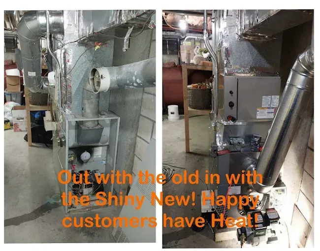 Side-by-side photos of an old furnace being replaced by a new, shiny one in a basement, with text about new heat.