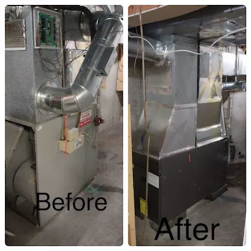 A side-by-side comparison of a home heating and cooling system showing the older unit before and after a new installation.