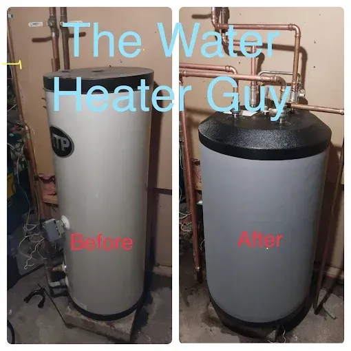 Before and after comparison of a water heater installation with new copper plumbing, labeled 
