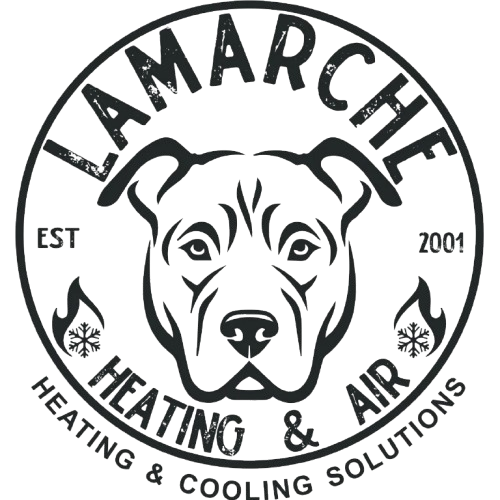 A black-and-white circular logo for LaMarche Heating & Air featuring a dog&rsquo;s face, flame and snowflake icons, and text.