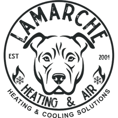 A black-and-white circular logo for LaMarche Heating & Air featuring a dog&rsquo;s face, flame and snowflake icons, and text.