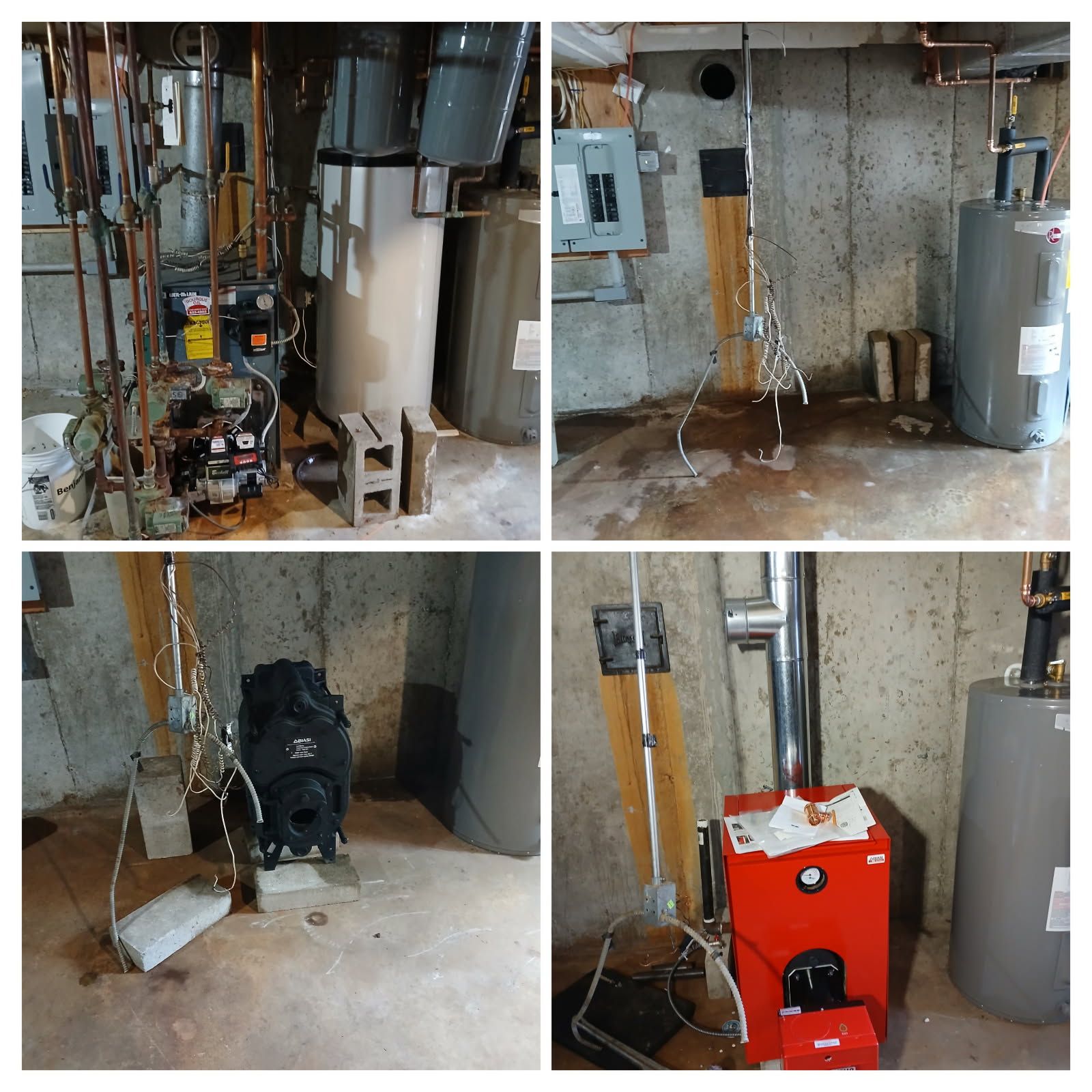 A four-panel composite showing the replacement of a residential boiler, from the old system to the new red unit.