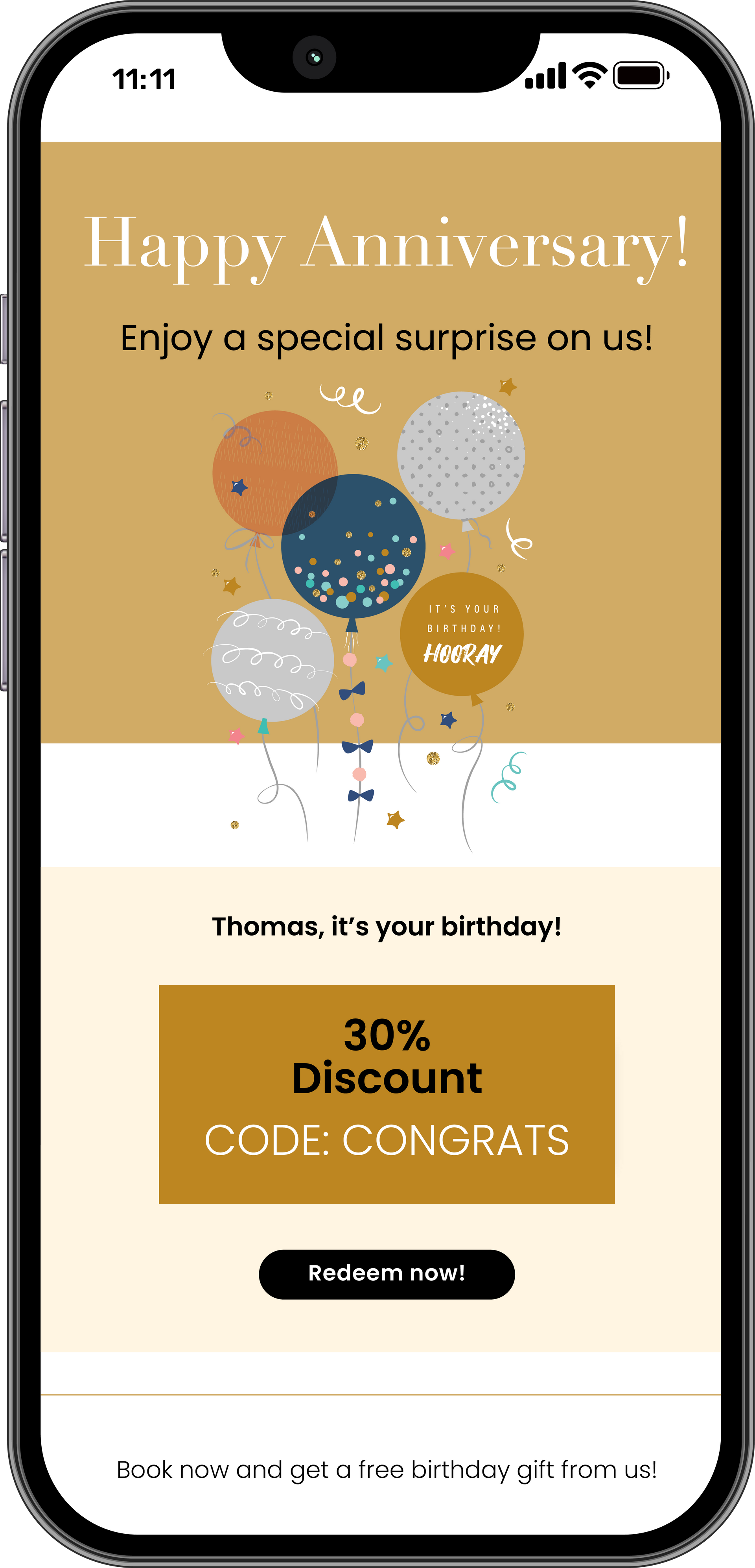A cell phone with a happy anniversary email on it.