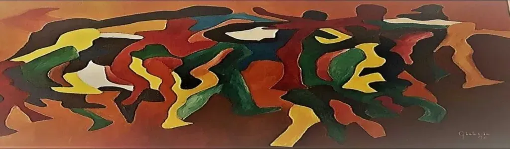 A colorful painting of a group of people dancing