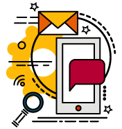 A stylized digital graphic featuring a smartphone with a message bubble, an email icon, a search glass, and abstract shapes.