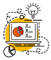 A graphic illustration featuring a laptop displaying a pie chart and data, accompanied by a lightbulb and decorative lines.