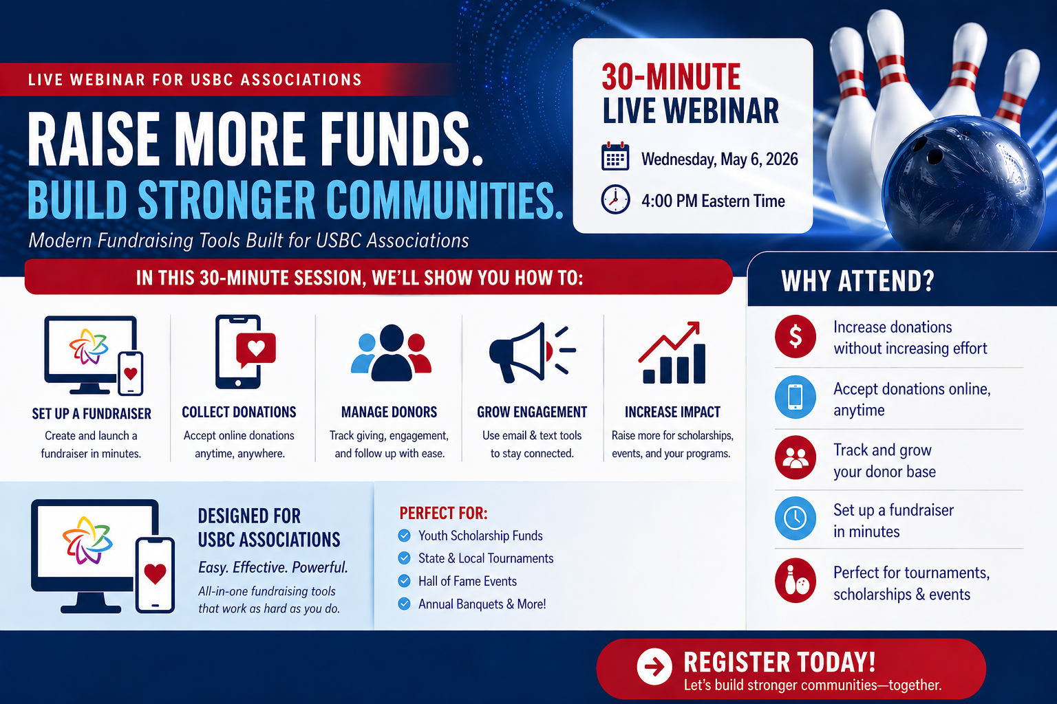 Webinar promo for USBC Associations showing a laptop and phone displaying bowling-themed marketing tools by Pinwheel.