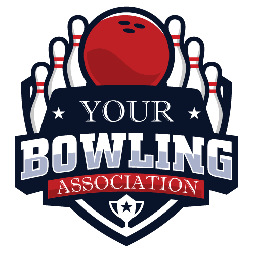 A logo featuring a red bowling ball above pins, with the text 