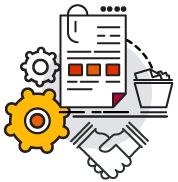 A stylized icon featuring gears, a document with a paperclip, a small trash bin, and a handshake, symbolizing business tasks.