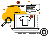 A stylized computer screen displaying a t-shirt icon with a currency symbol, surrounded by a magnifying glass and globe.