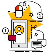 A stylized graphic of a smartphone with a user icon, notifications, a computer mouse, and speech bubbles on a yellow star.