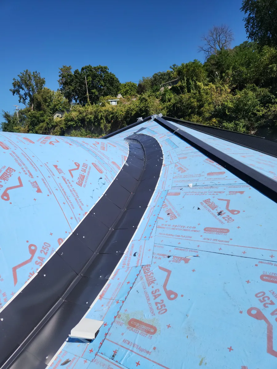 Blue rooftop under construction with black seams, set against green trees and a clear sky.