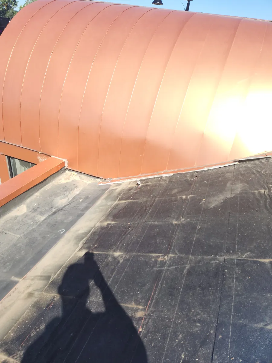 Black rooftop beside a large orange curved roof, with a bright glare in the upper right.
