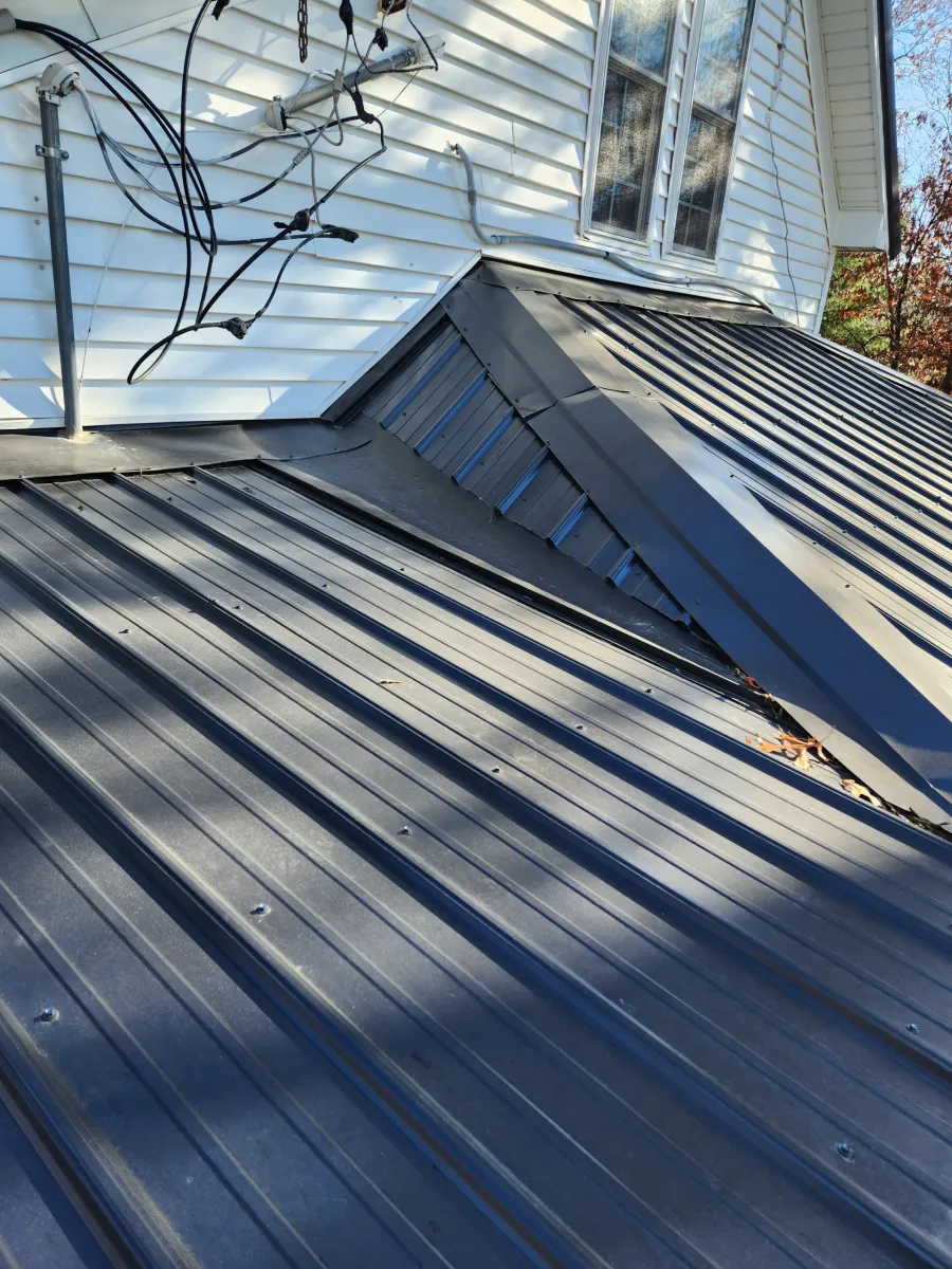 Metal roof and white house siding with a dormer window and tree branches overhead
