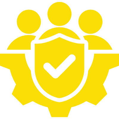 Yellow group icon with three people behind a shield and checkmark over a gear
