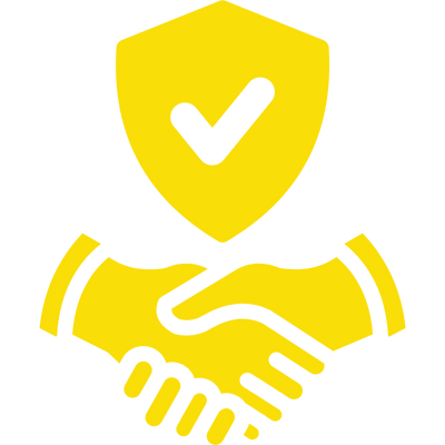 Yellow shield with a white checkmark above a handshake icon